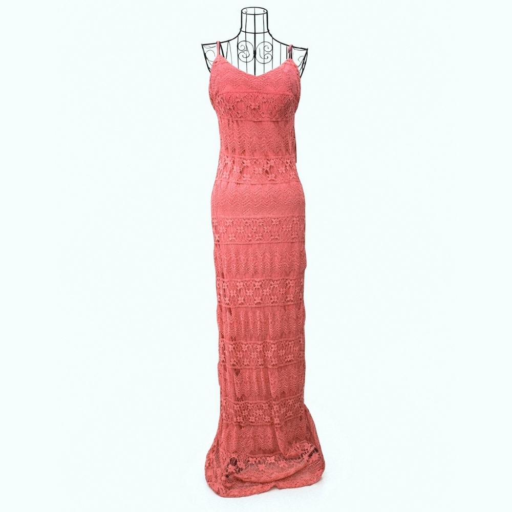 NWT Bisou Bisou Coral Lace Maxi Dress Adjustable Straps Lined Size 6